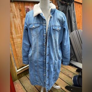 Long Sherpa-Lined Denim Coat - Blue